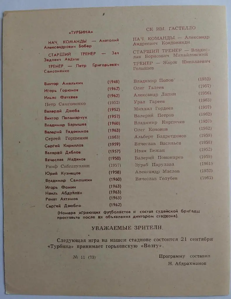 Турбина Набережные Челны - Гастелло Уфа 13.09.1981 1