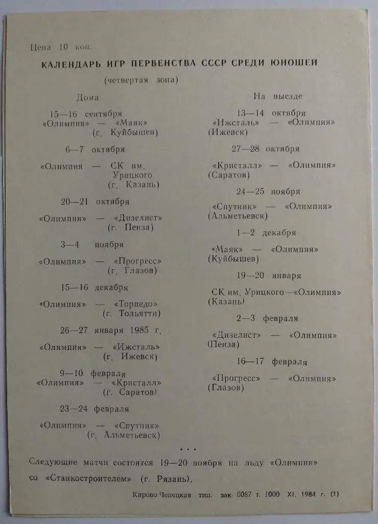 Олимпия Кирово-Чепецк - Химик Энгельс 1984 1