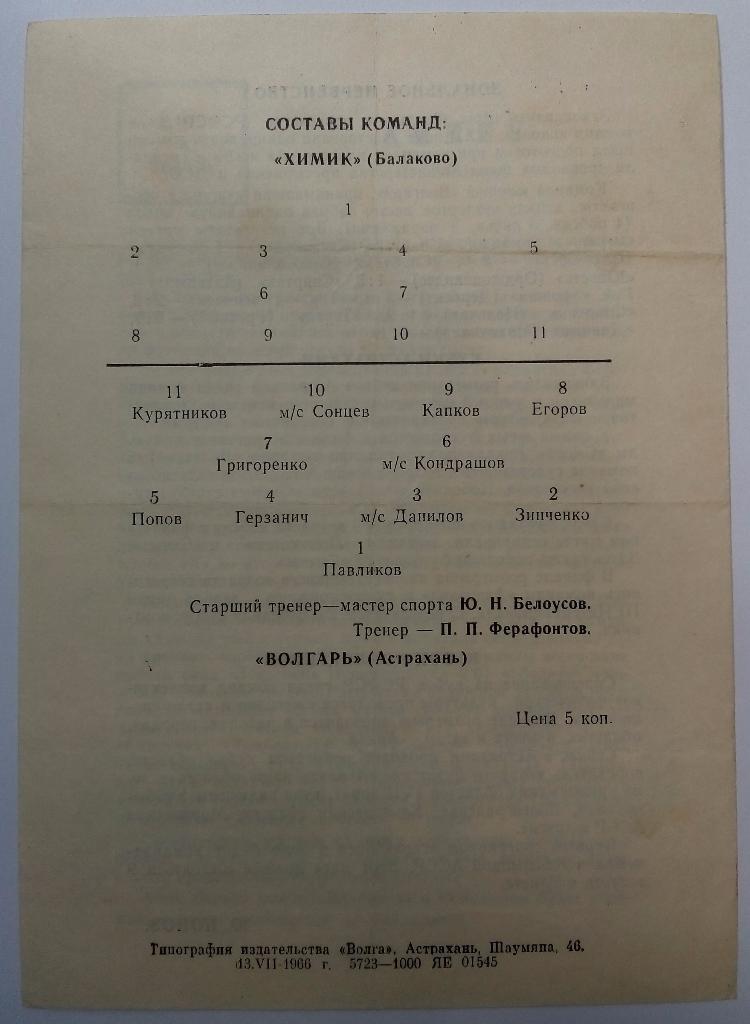 Волгарь Астрахань - Химик Балаково 17.07.1966 1