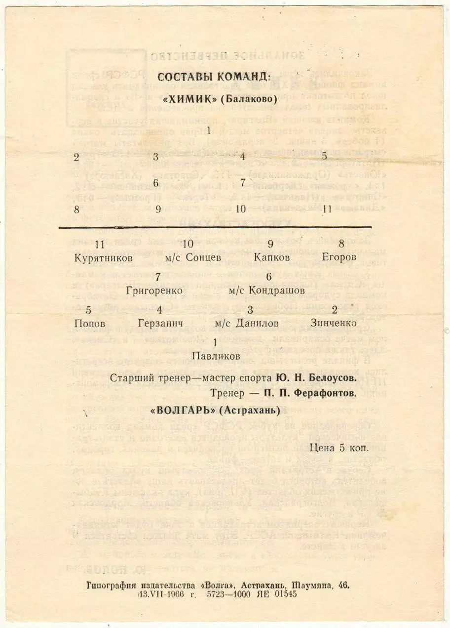 Волгарь Астрахань – Химик Балаково 17.07.1966 1