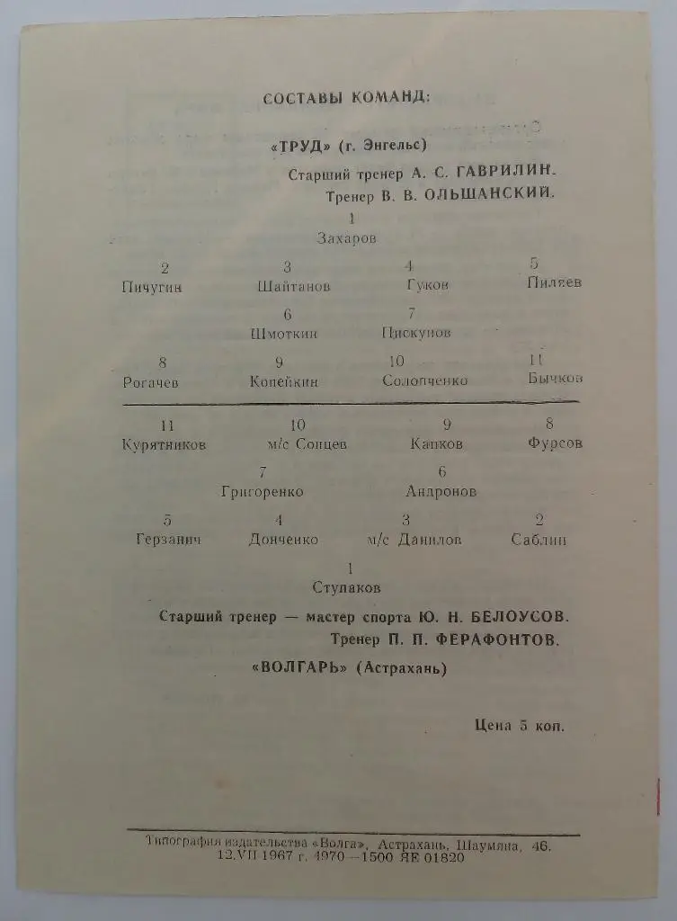 Волгарь Астрахань - Труд Энгельс 1967 1