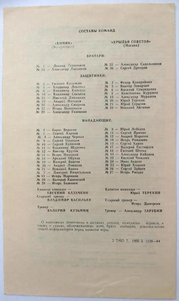 Химик Воскресенск - Крылья Советов Москва 26.04.1984 1