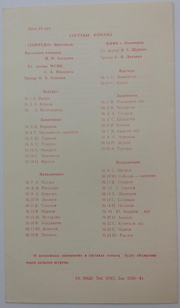 Торпедо Ярославль - ВИФК Ленинград 2-3.11.1981 1