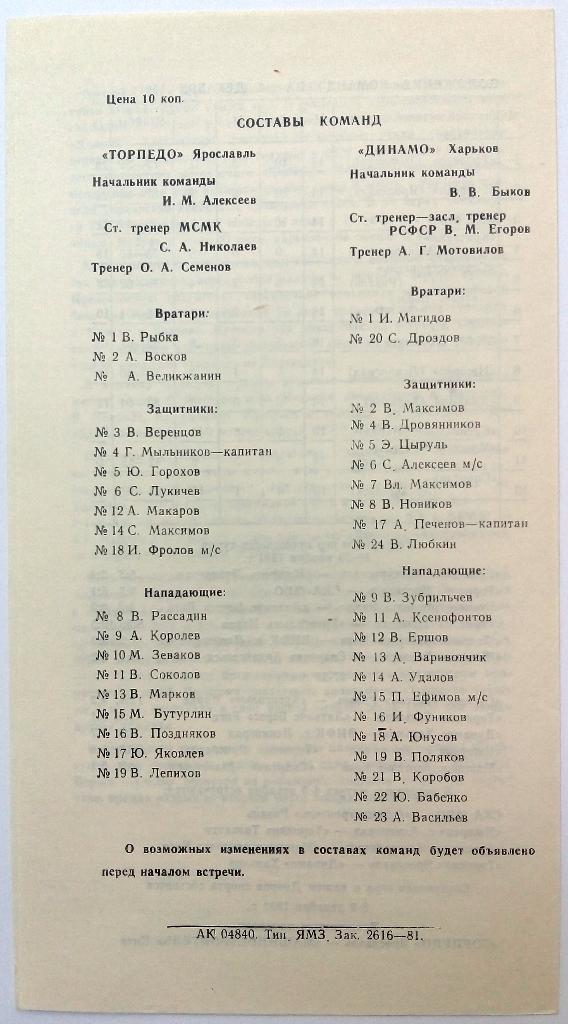 Торпедо Ярославль - Динамо Харьков 4-5.12.1981 1