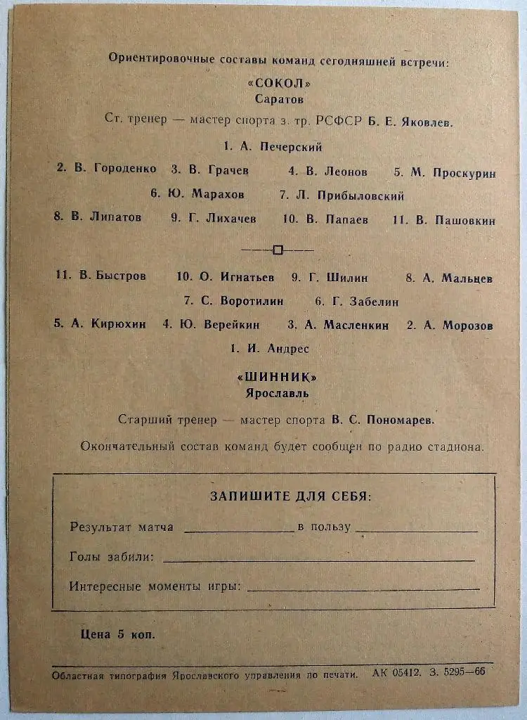 Шинник Ярославль - Сокол Саратов 14.06.1966 Оригинал 100% 1