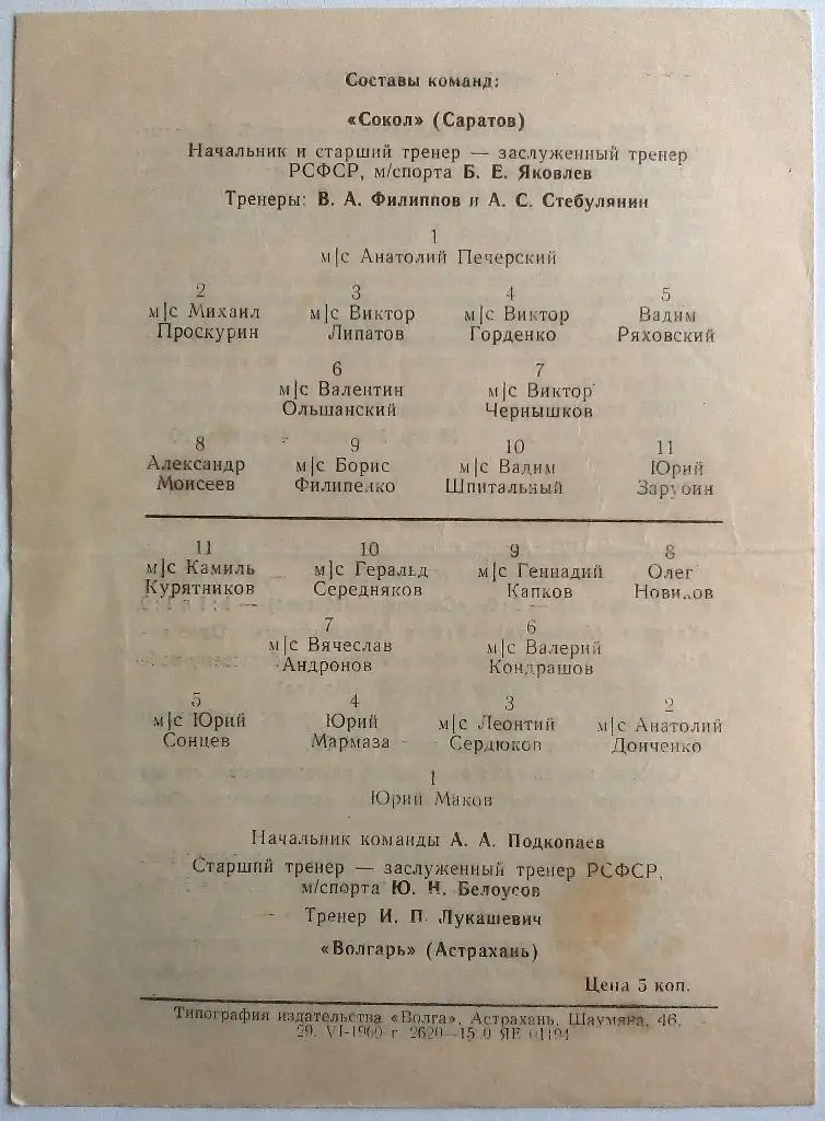 Волгарь Астрахань - Сокол Саратов 9.05.1969 Оригинал 100% 1