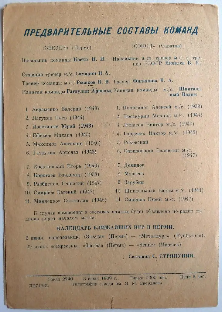 Звезда Пермь - Сокол Саратов 05.06.1969 1