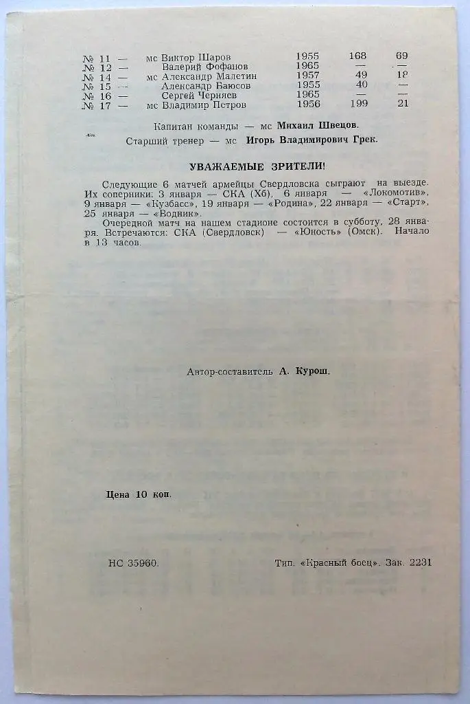 СКА Свердловск - Локомотив Иркутск 29.12.1983 1