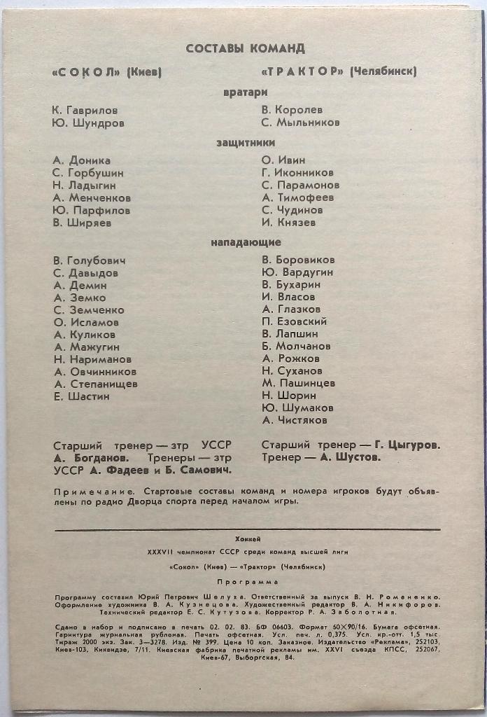 Сокол Киев - Трактор Челябинск 25.02.1983 1