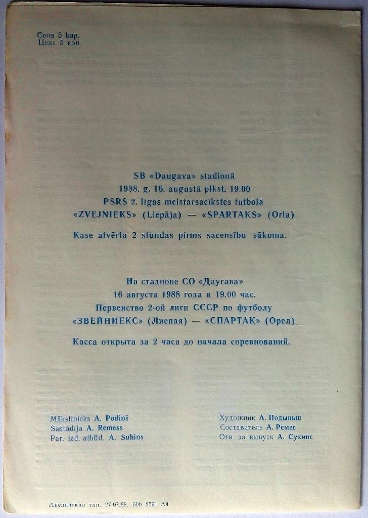 Звейниекс Лиепая - Гомсельмаш Гомель 1.08.1988 1
