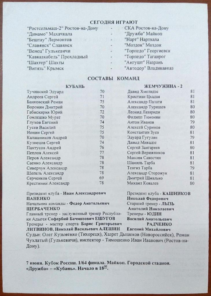 Кубань Краснодар - Жемчужина-2 Сочи 4.06.1999 1