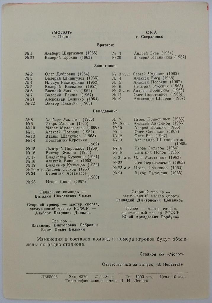Молот Пермь - СКА Свердловск 23-24.11.1986 1