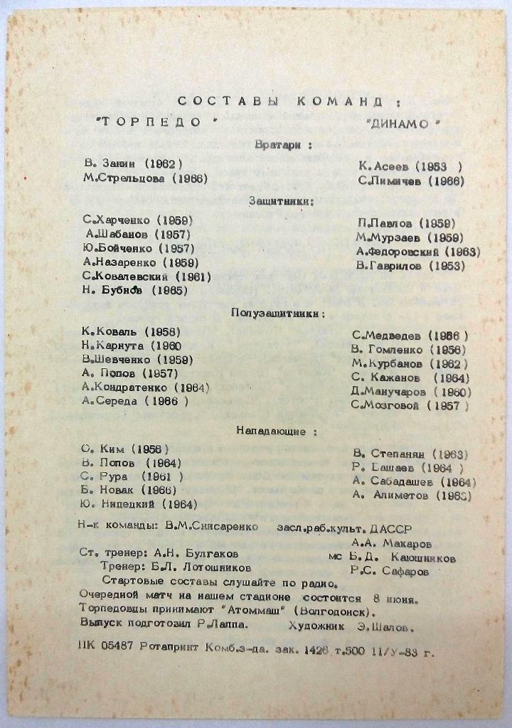 Торпедо Таганрог - Динамо Махачкала 19.05.1983 тираж 500 экз. 1