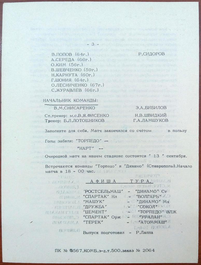 Торпедо Таганрог - Нарт Черкесск 10.09.1983 тираж 500 экз. 1