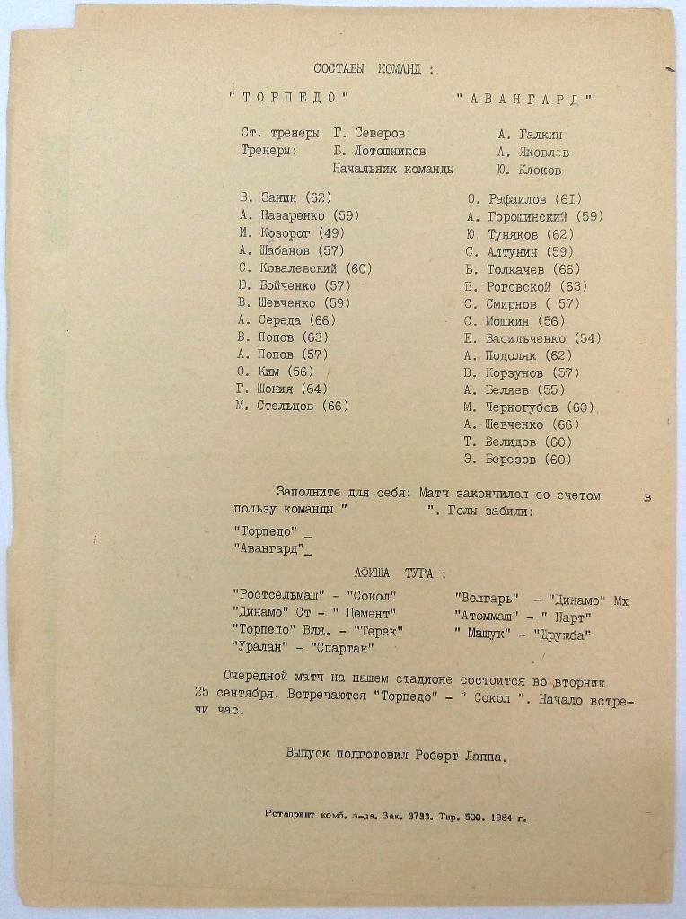Торпедо Таганрог - Авангард Курск 22.09.1984 1