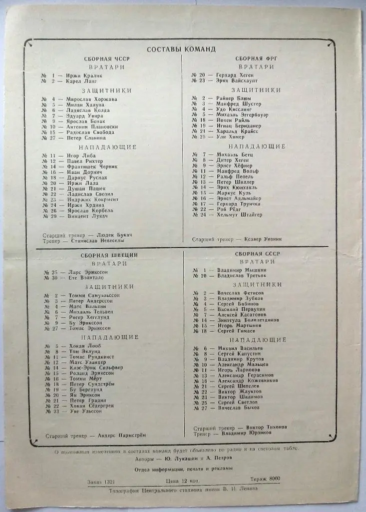 Приз Известий 19.12.1982 ЧССР - ФРГ, Швеция - СССР формат А4 1