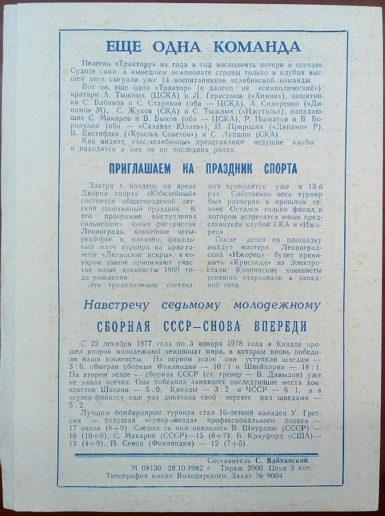 СКА Ленинград - Трактор Челябинск 30.10.1982 1