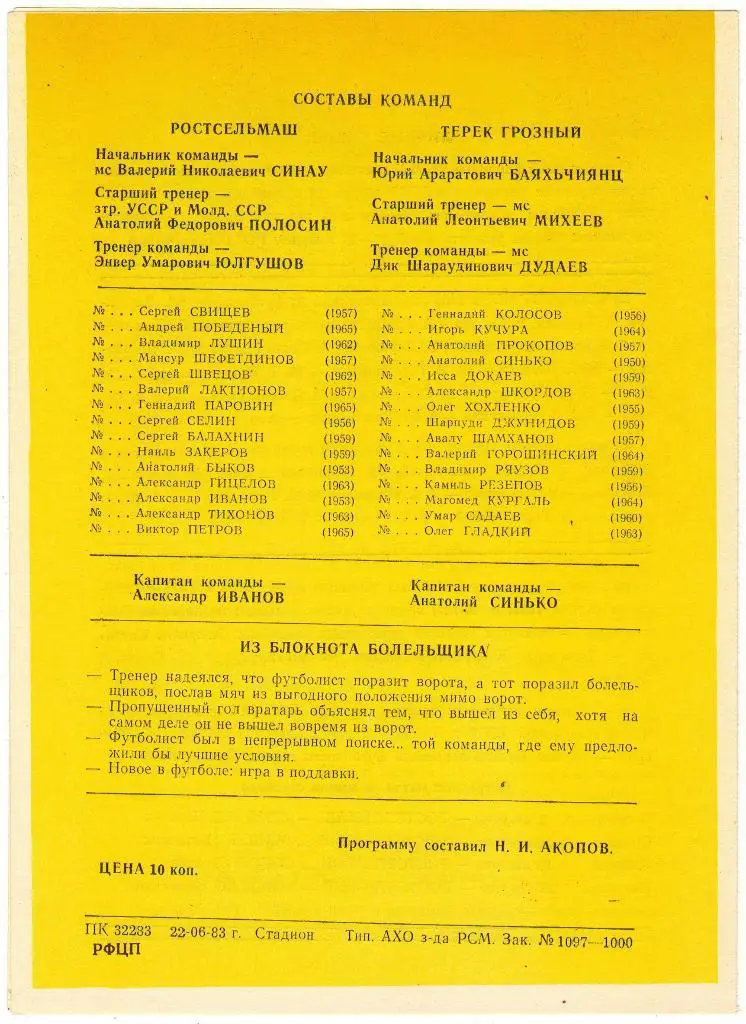 Ростсельмаш Ростов-на-Дону - Терек Грозный 10.07.1983 1