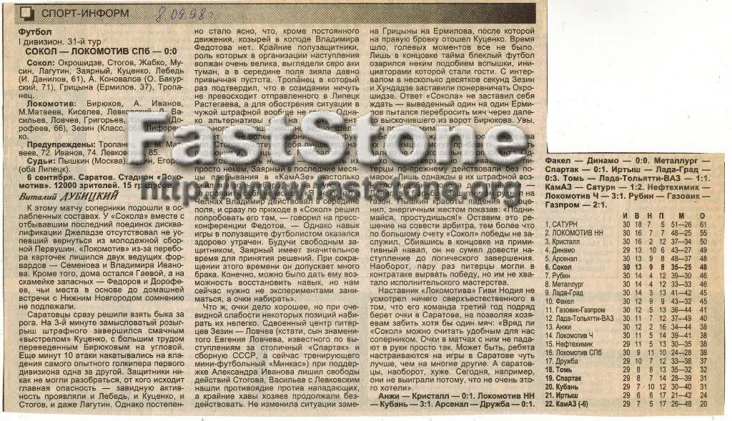 Сокол Саратов - Локомотив Санкт-Петербург 06.09.1998