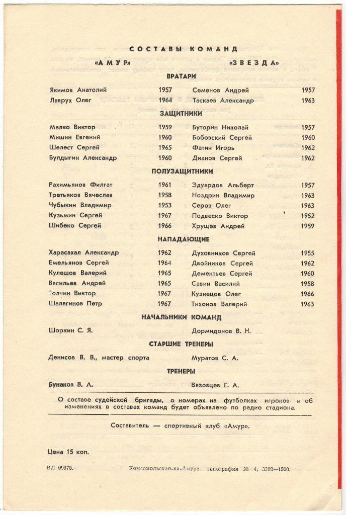 Амур Комсомольск-на-Амуре - Звезда Иркутск 20.06.1984 Кубок РСФСР 1