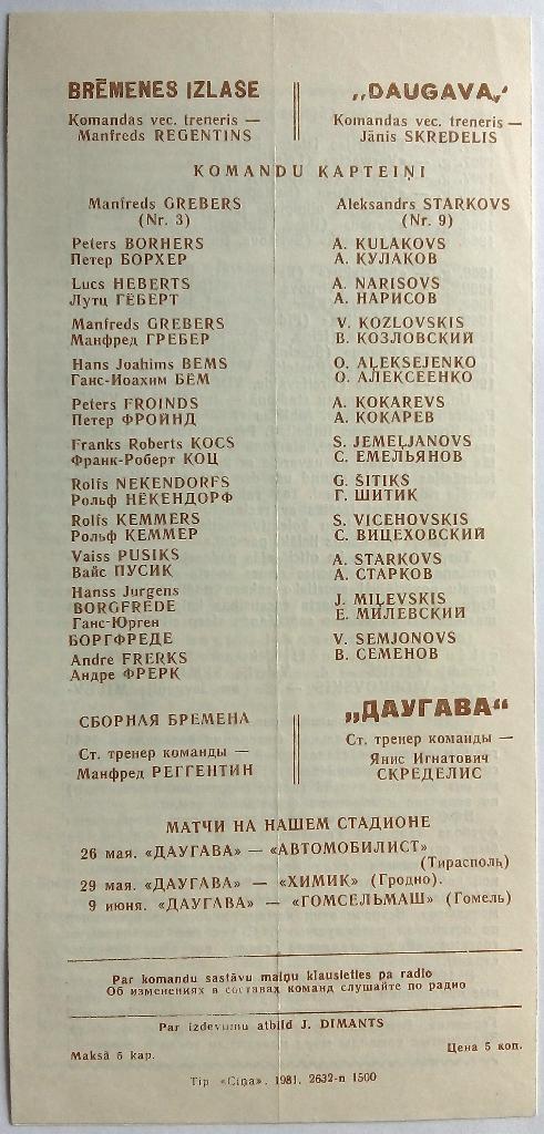 Даугава Рига - Сборная Бремена ФРГ 23.05.1981 1