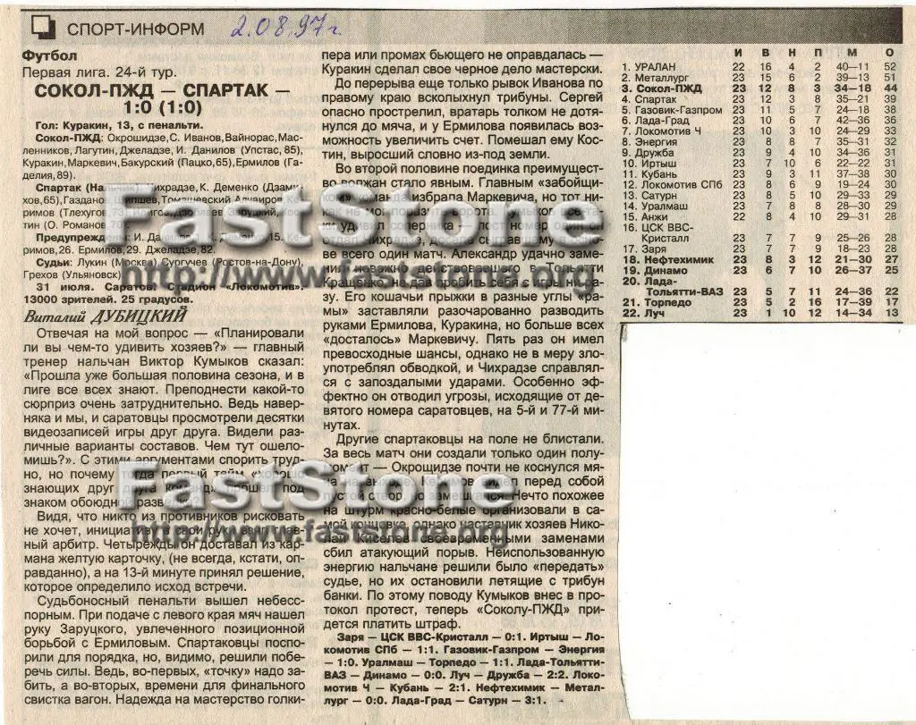 Сокол-ПЖД Саратов - Спартак Нальчик 31.07.1997