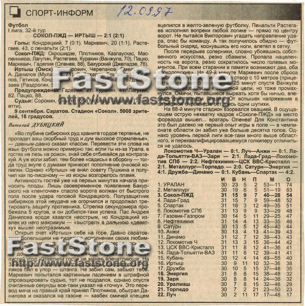 Сокол-ПЖД Саратов - Иртыш Омск 09.09.1997