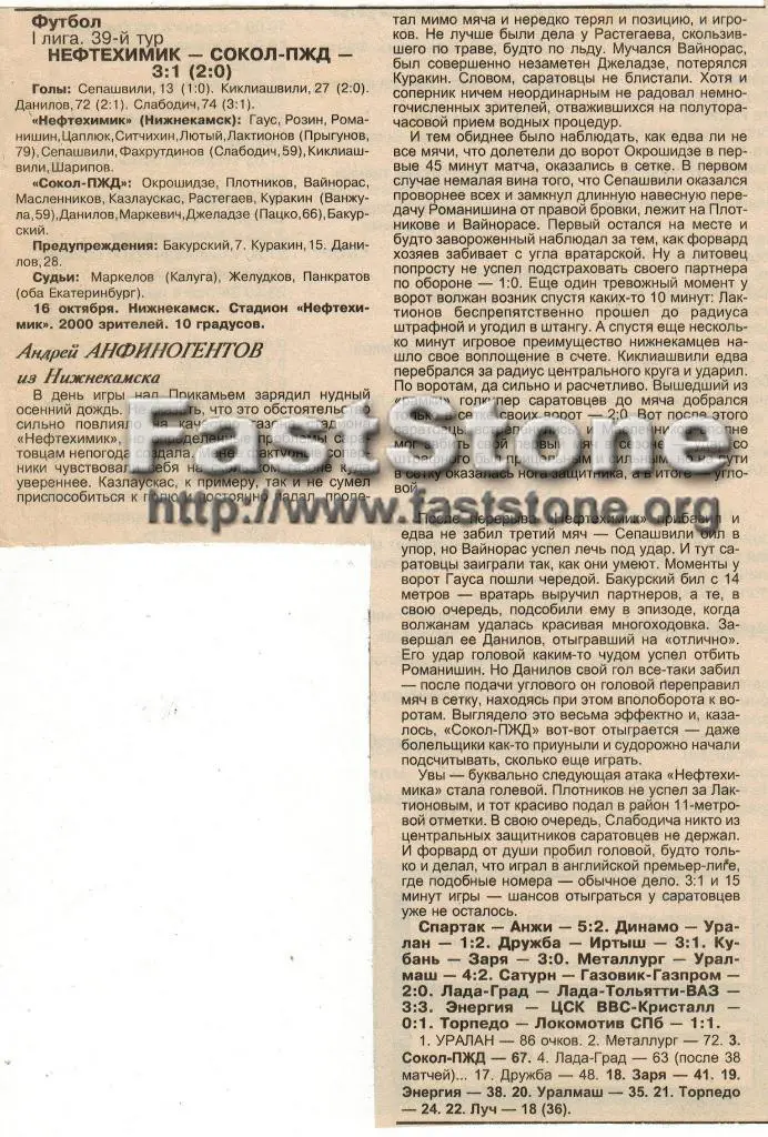 Нефтехимик Нижнекамск - Сокол-ПЖД Саратов 16.10.1997