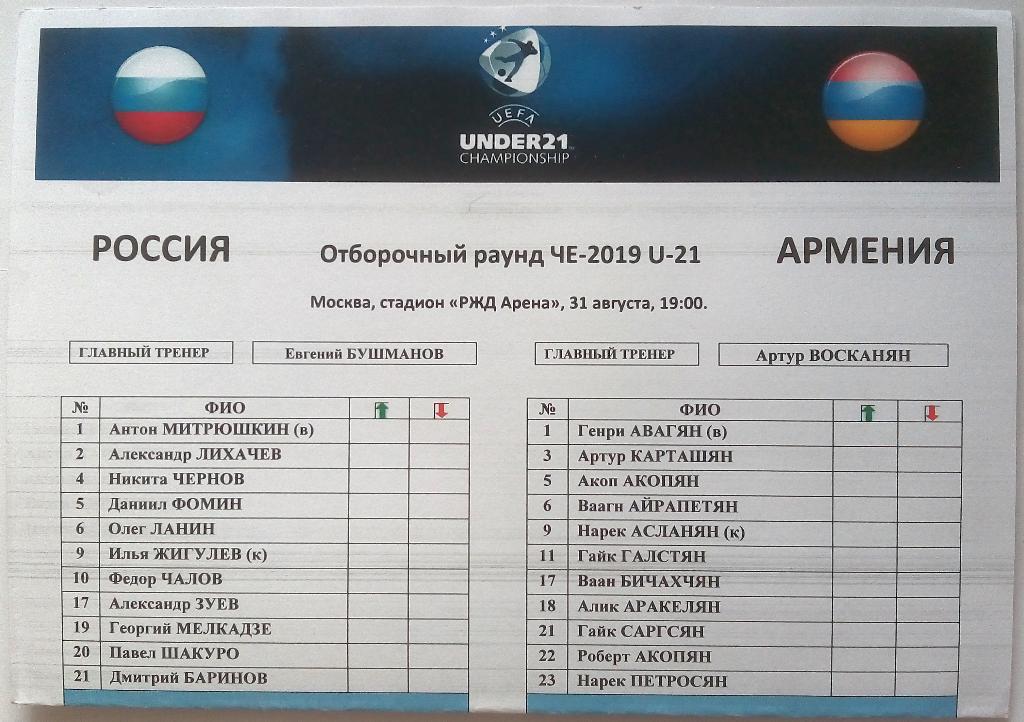 Россия - Армения 31.08+стартовый лист+Гибралтар 05.09.2017 Молодежные команды 1