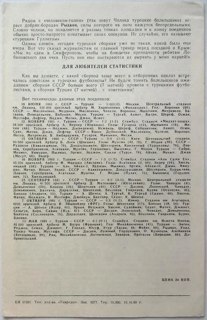 СССР сборная - Турция сборная 08.11.1989 отборочный матч чемпионата мира 1