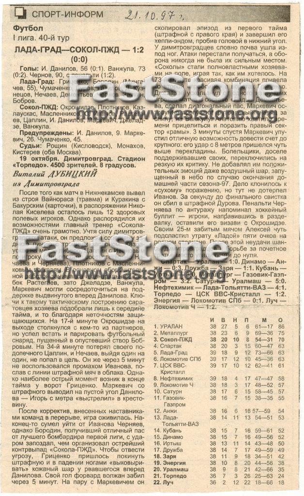 Лада-Град Димитровград - Сокол-ПЖД Саратов 19.10.1997