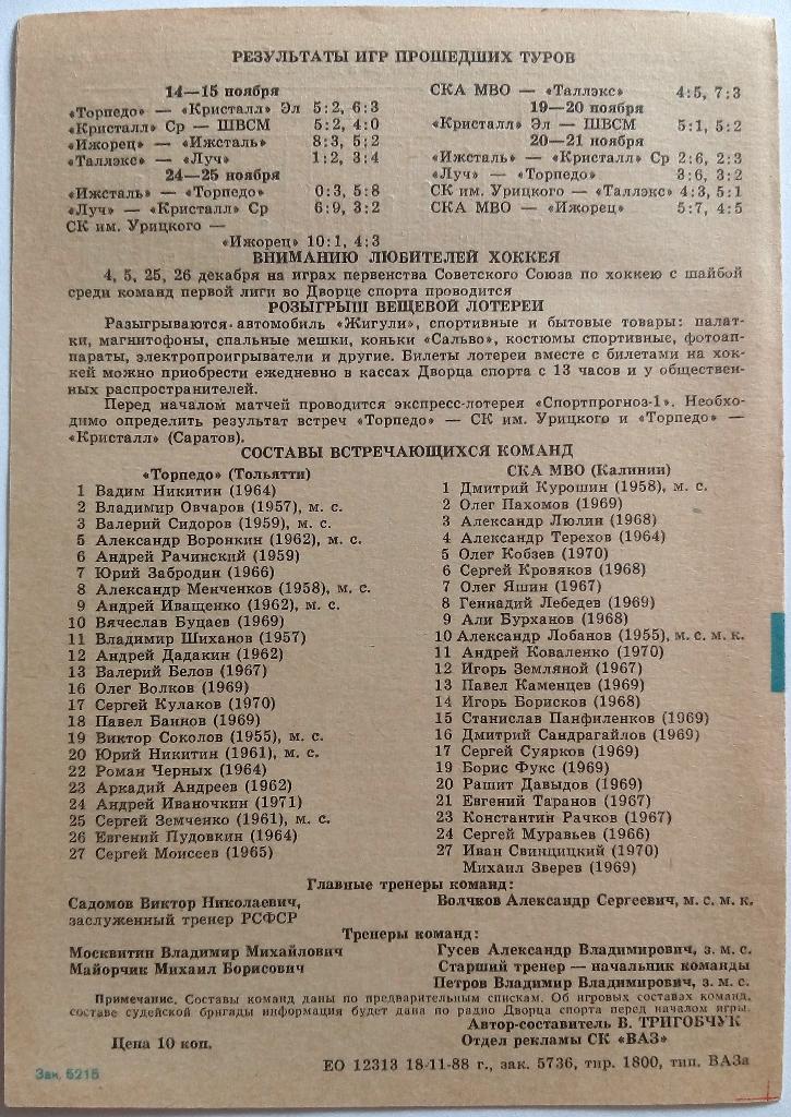 Торпедо Тольятти - СКА МВО Калинин 30.11-01.12.1988 1