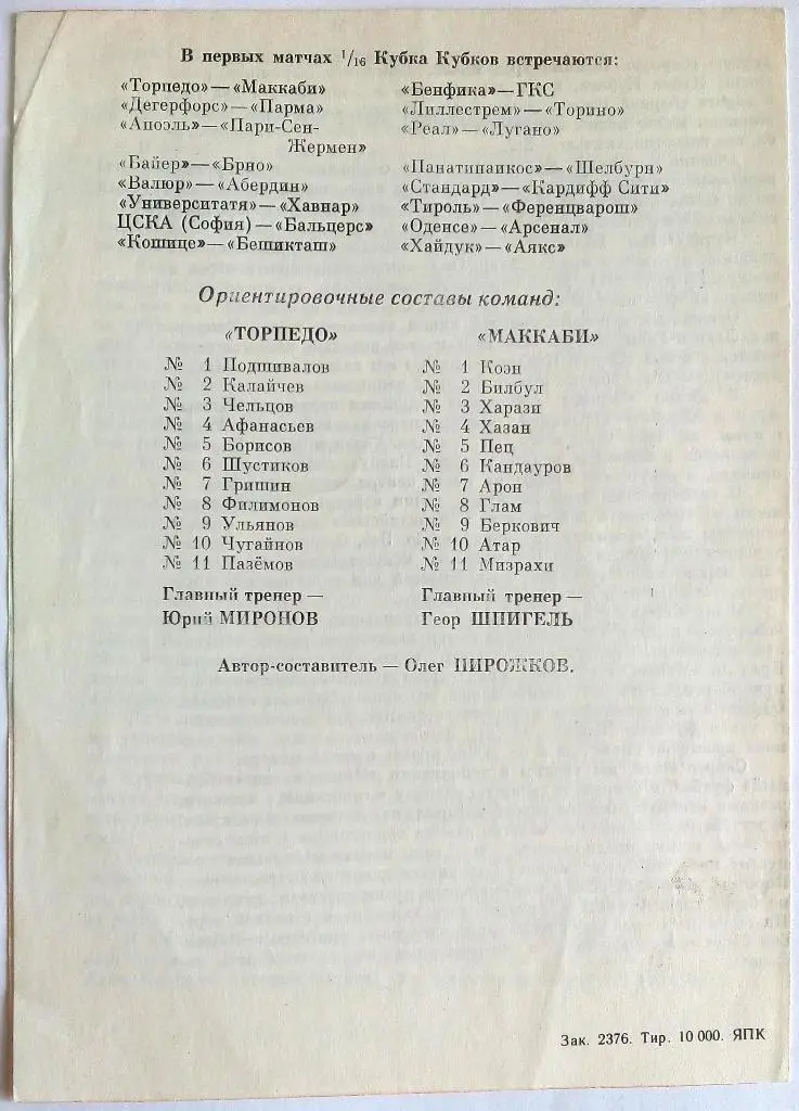 Торпедо Москва - Маккаби Хайфа Израиль 15.09.1993 Кубок кубков 1/16 финала 1