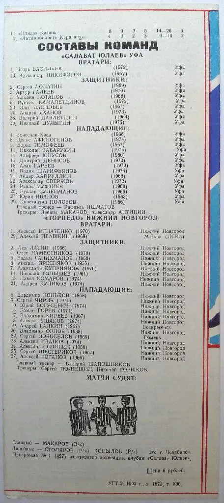 Салават Юлаев Уфа - Торпедо Нижний Новгород 22-23.09.1992 1