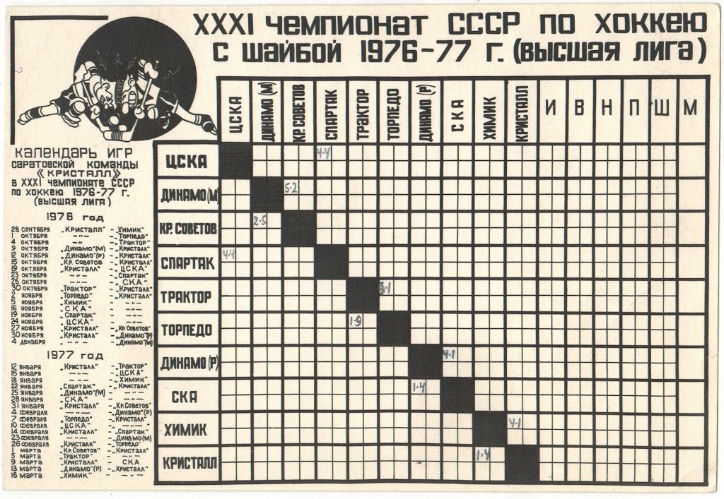 Календарь игр и шахматка для заполнения Кристалл Саратов 1976-1977 Самиздат фото