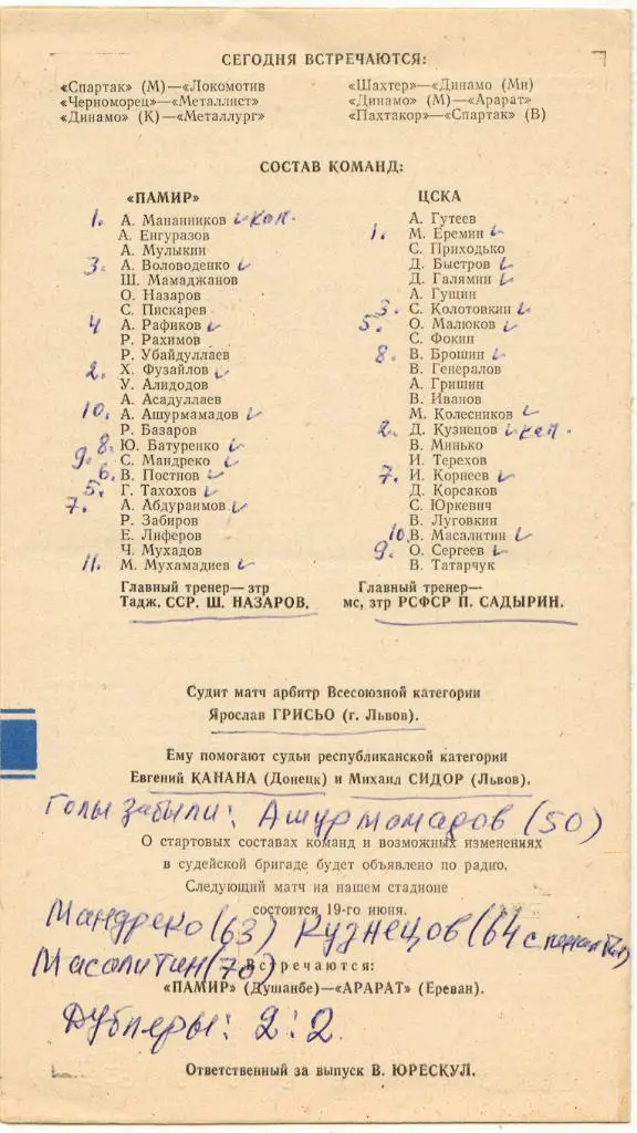 Памир Душанбе - ЦСКА 18.05.1991 Тираж 1000 экз. 1