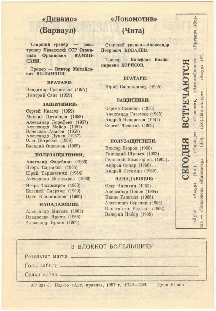 Динамо Барнаул - Локомотив Чита 02.05.1987 1