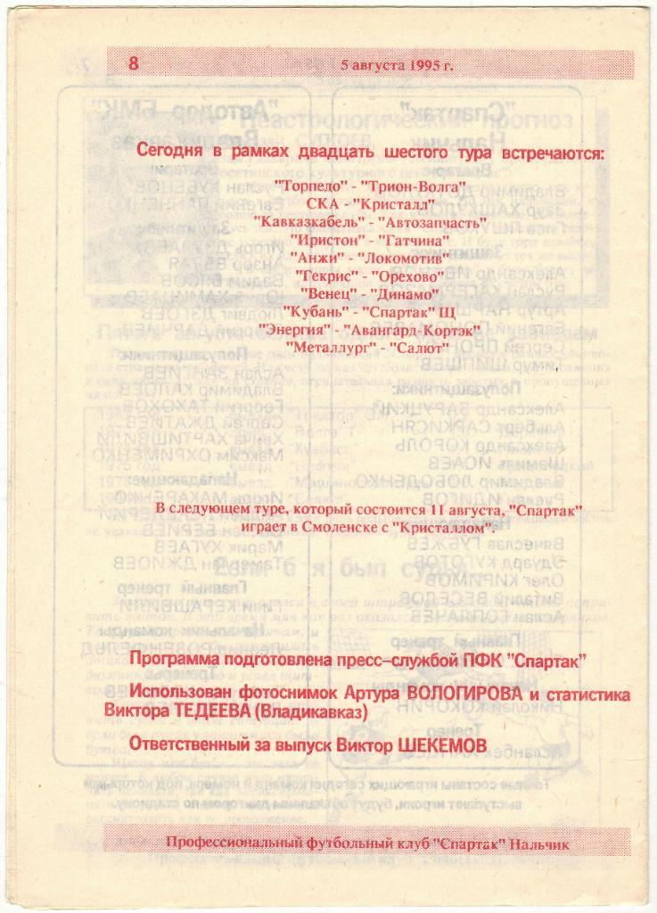 Спартак Нальчик - Автодор-БМК Владикавказ 05.08.1995 1
