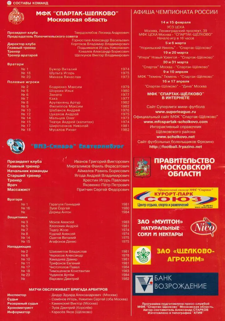 Спартак Щелково - ВИЗ-Синара Екатеринбург 06-07.02.2004 1