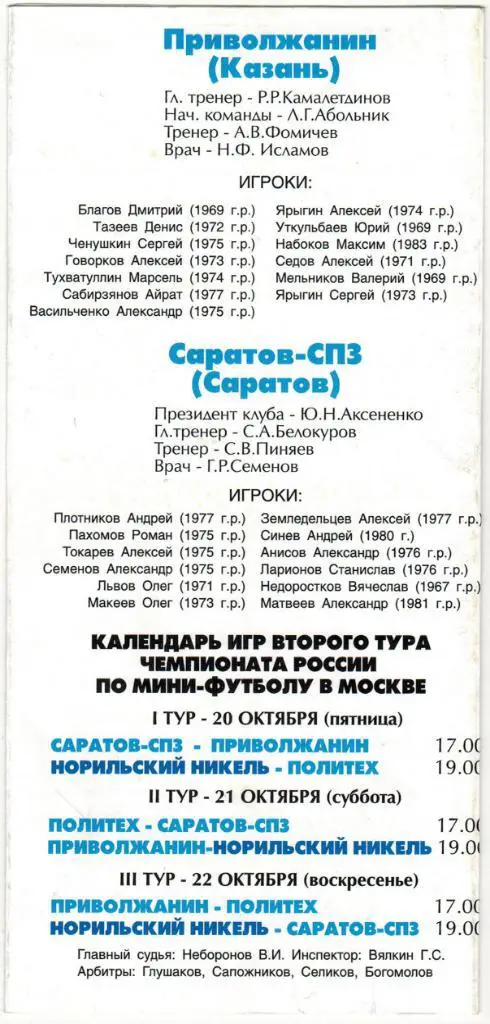 Норильский никель Политех Санкт-Петербург Приволжанин Казань Саратов-СПЗ 2000 1