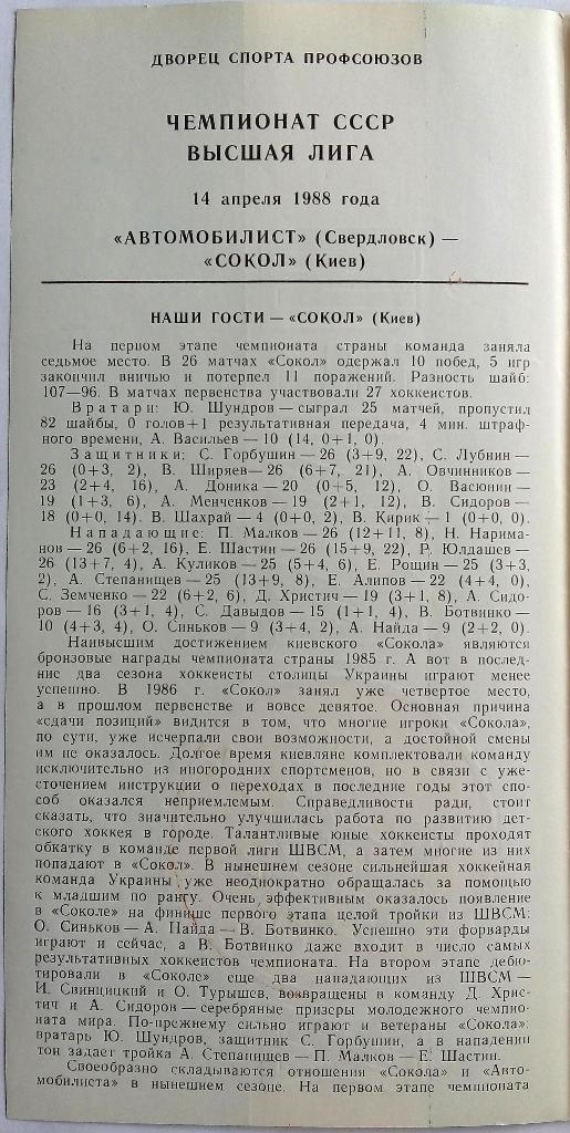 Автомобилист Свердловск - Сокол Киев 14.04.1988 1