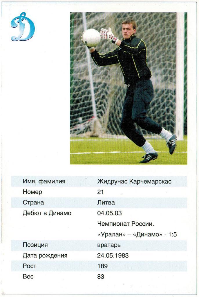 Клубная открытка Жидрунас Карчемарскас Динамо Москва 2006 1