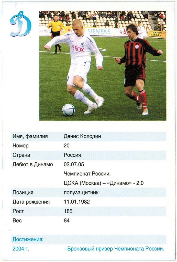 Клубная открытка Денис Колодин Динамо Москва 2006 1