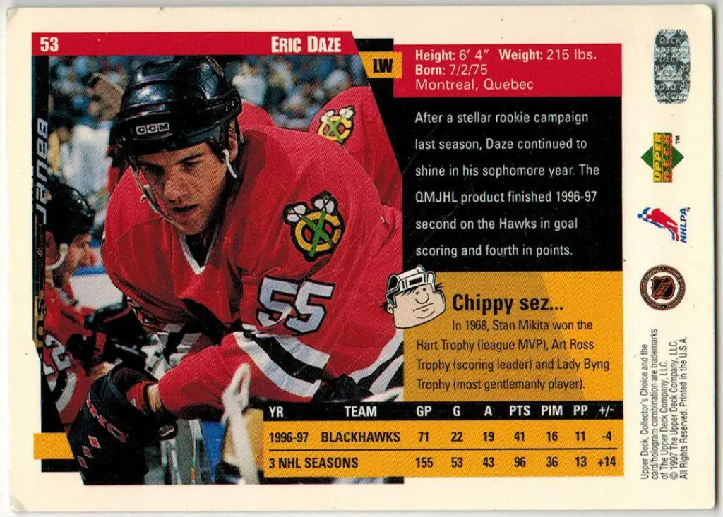 Эрик Дазе Eric Daze Чикаго Блэкхокс Chicago Blackhawks 1997-98 Upper Deck #53 1