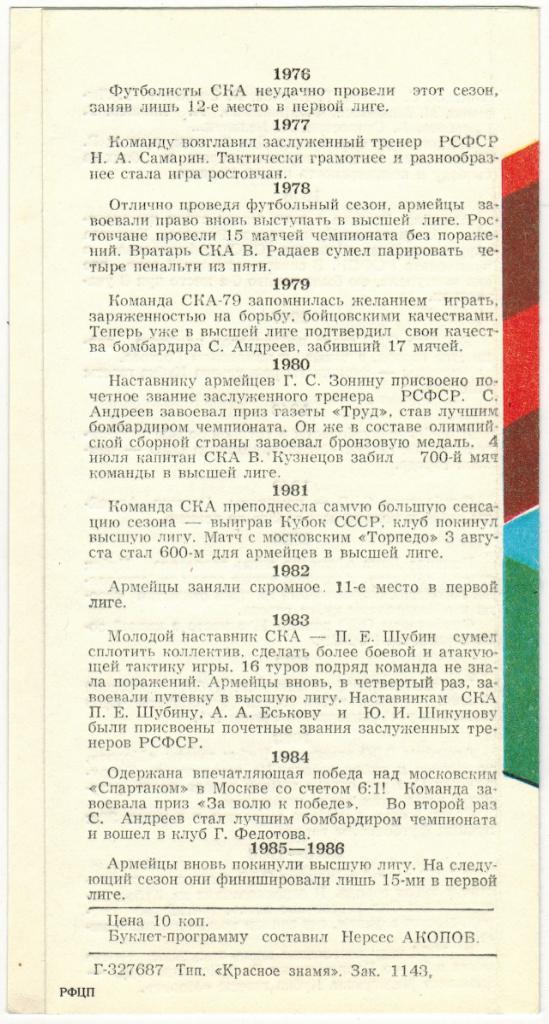 Команде СКА Ростов-на-Дону - 50 лет 1987 1