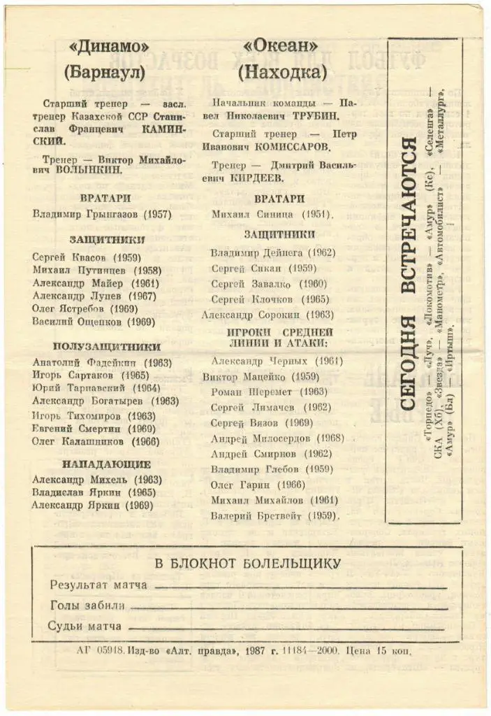 Динамо Барнаул - Океан Находка 08.09.1987 1