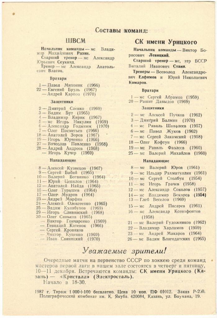 СК им. (имени) Урицкого Казань - ШВСМ Киев 24-25.11.1987 1