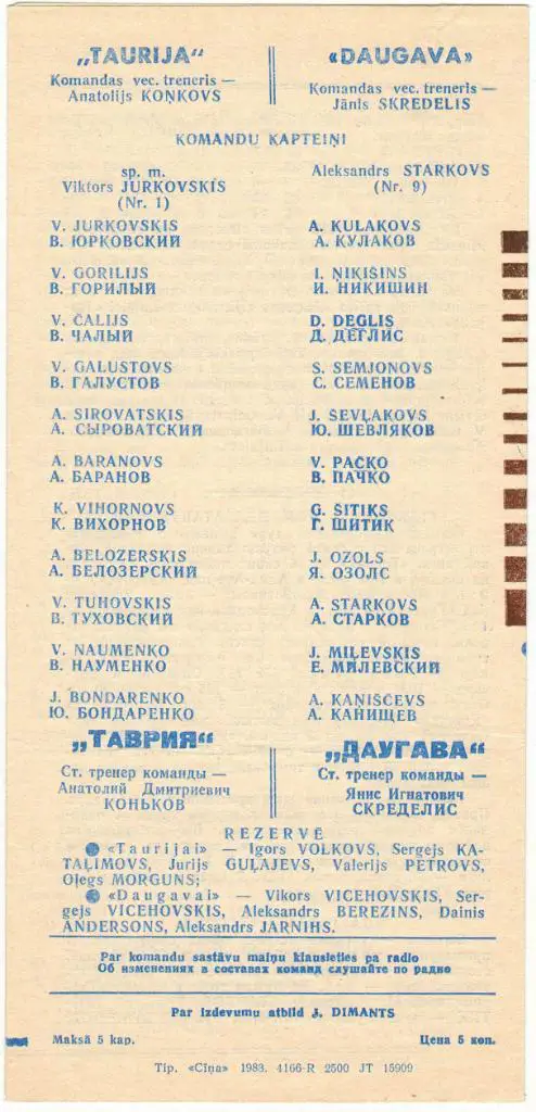 Даугава Рига - Таврия Симферополь 05.11.1983 На русском и латышском языке 1 лига 1