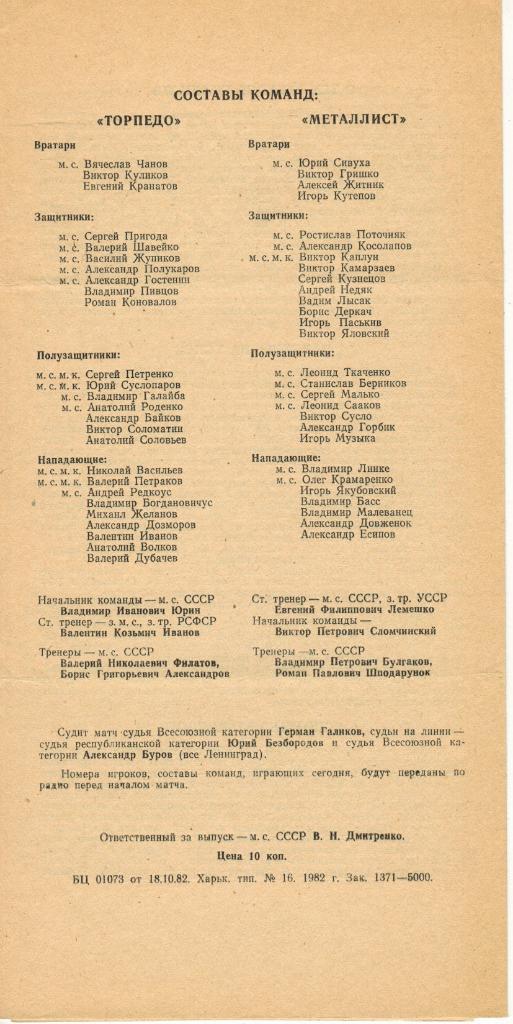 Металлист Харьков - Торпедо Москва 23.10.1982 1