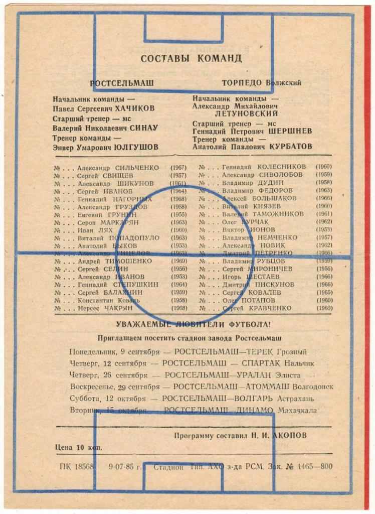 Ростсельмаш Ростов-на-Дону - Торпедо Волжский 25.08.1985 1
